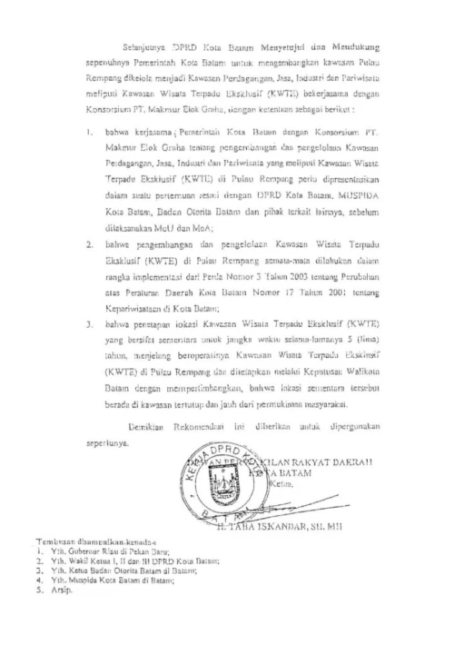 ARSIP: Surat rekomendasi DPRD Batam, 17 Mei 2004.