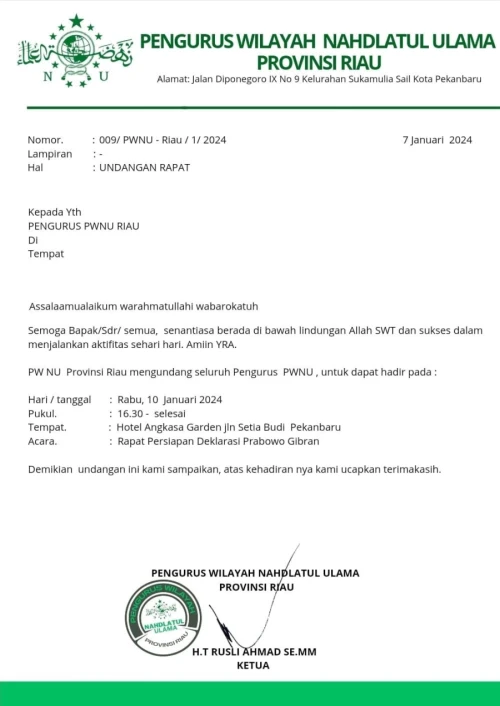 surat palsu mengatasnamakan PWNU Riau