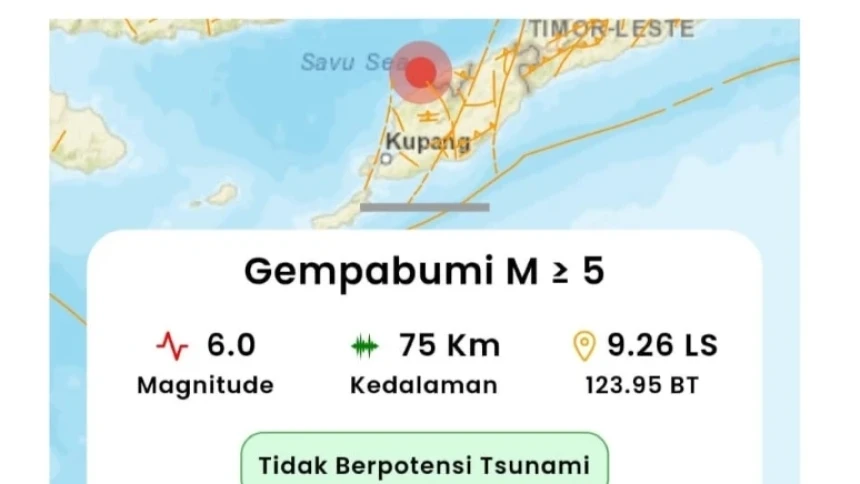 Gempa Magnitudo 6,0 Guncang Timor Tengah Utara NTT, Tidak Berpotensi Tsunami