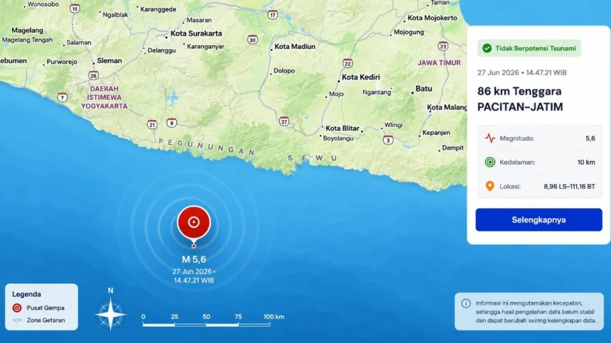 Gempa Magnetudo 5,6 Guncang Pacitan, Terasa hingga Yogyakarta 