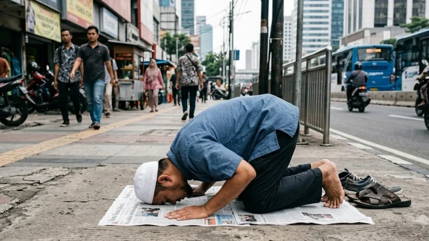 Hukum Shalat di Trotoar Pakai Alas Koran, Sah atau Tidak?