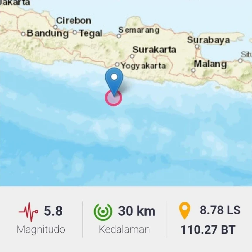 Gempa Bumi Magnitudo 5,8 Guncang Yogyakarta, Tidak Berpotensi Tsunami