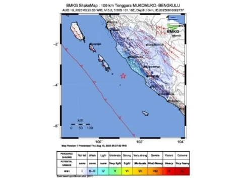 Gempa Magnitudo 5 Guncang Mukomuko Pagi Ini, Tidak Berpotensi Tsunami 