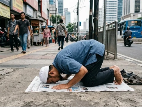 Hukum Shalat di Trotoar Pakai Alas Koran, Sah atau Tidak?